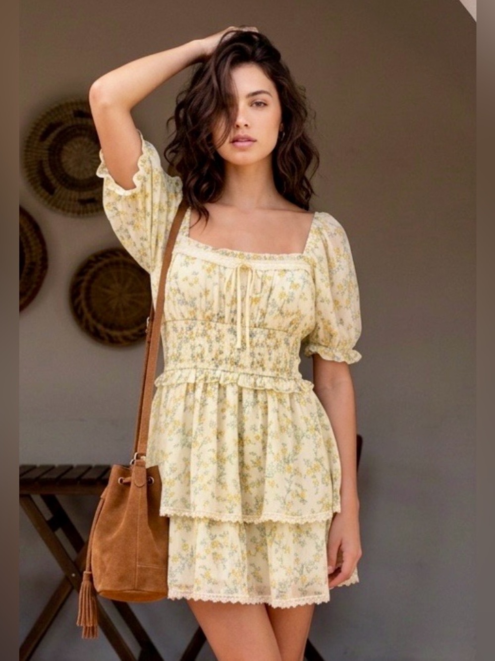 Yellow Floral Puff Sleeve Mini Dress w/Smocked Bodice Lace Trim & Tiered Skirt S